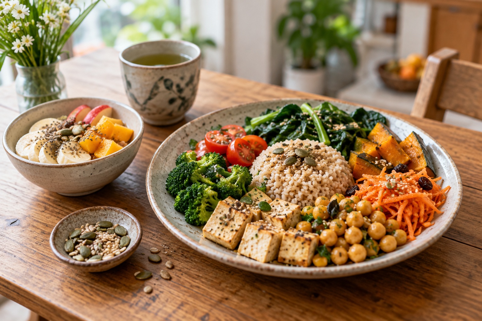 A varied vegetarian meal with whole grains, tofu, legumes, vegetables, fruit, nuts and seeds